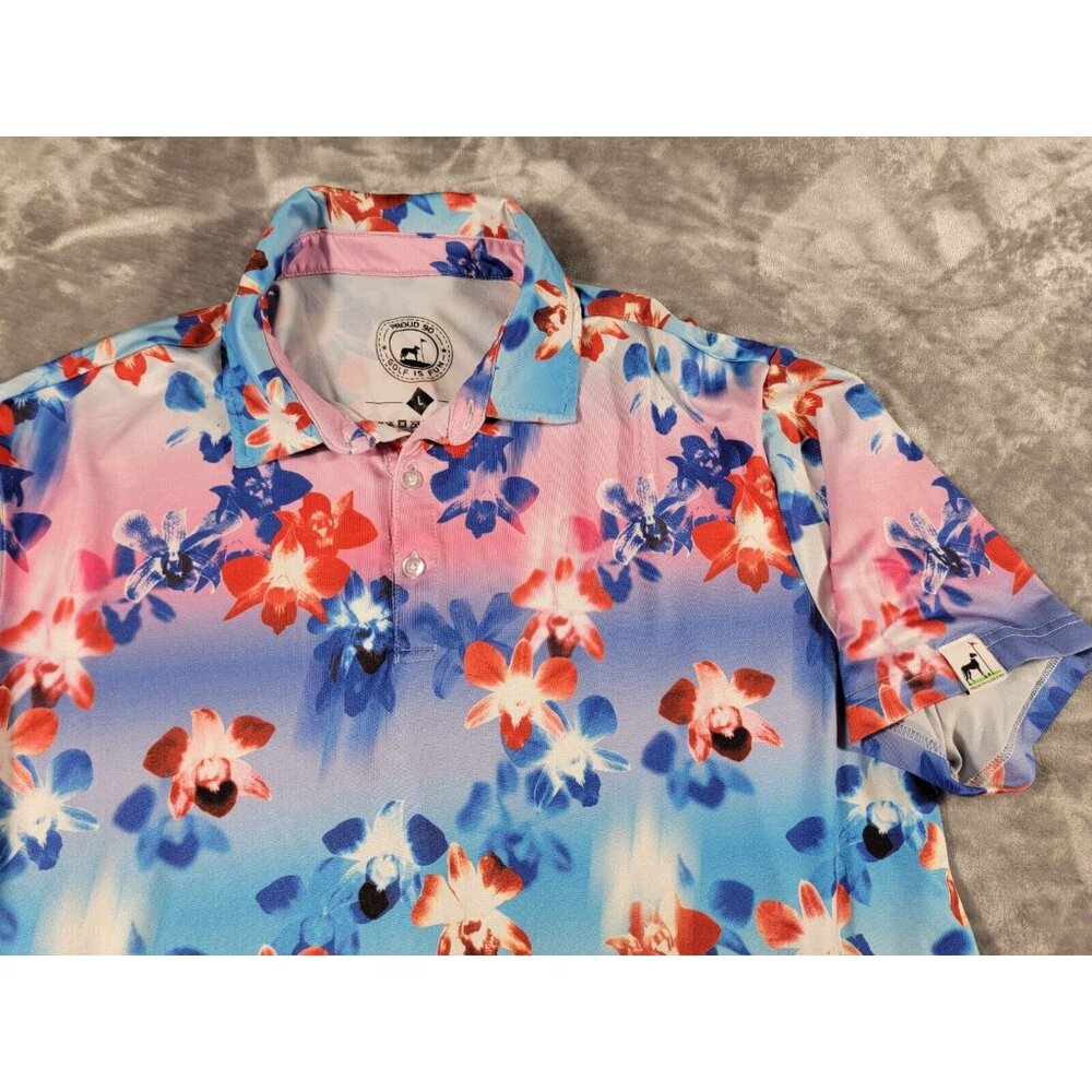 Proud 90 Performance‎ Golf Polo Shirt Mens Large Floral Hawaiian Short Sleeve
